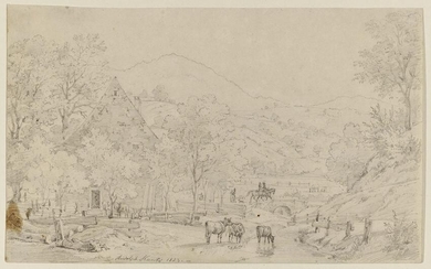 Hilly landscape with homestead, riders and animals