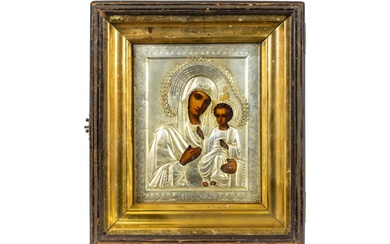 Ingekaderde negentiende eeuwse Russische icoon met rizza : "Madonna met kind" -...