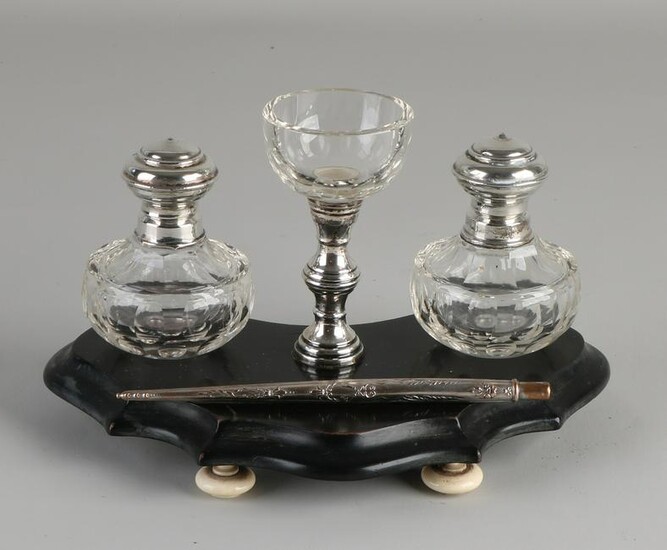 Inkstand with crystal jars and glass with silver