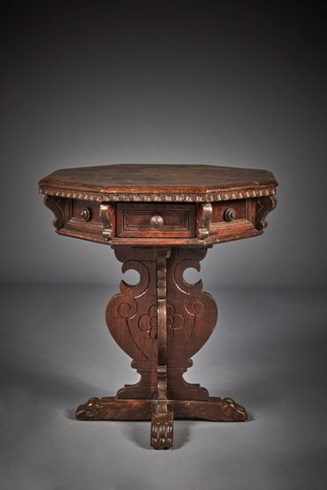 Italian Renaissance style carved walnut small octagonal centre table probably 19th century, incorporating earlier elements