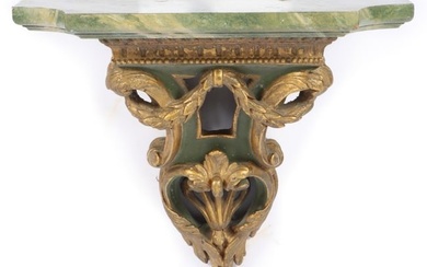 Italian Rococo Revival faux painted green marble and gilt wood wall bracket shelf 16 1/2"H x 15"W x