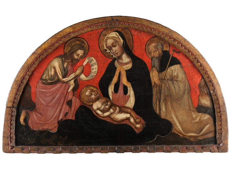 Italienischer Maler des 15. Jahrhunderts, LÜNETTEN-GEMÄLDE MIT DARSTELLUNG VON MARIA MIT DEM KIND UND DEN ANBETENDEN HEILIGEN JOHANN BAPTIST SOWIE JOSEF