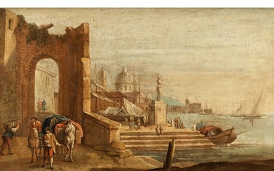 Italienischer Maler des 18. Jahrhunderts, RUINENCAPRICCIO MIT FIGURENSTAFFAGE IN EINER HAFENBUCHT
