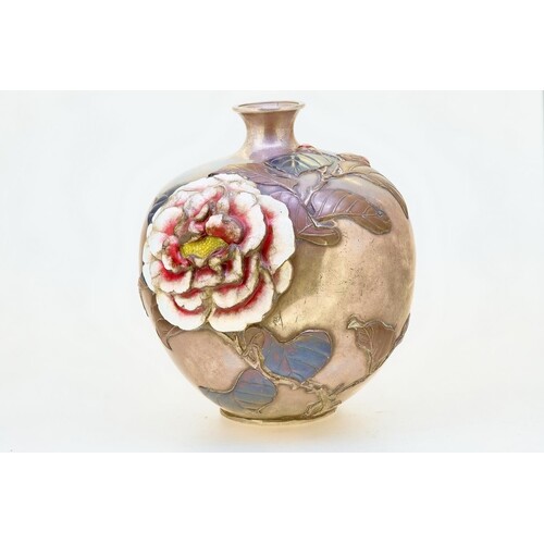 JAPANESE SILVER VASE WITH ENAMEL AND RELIEF FLORAL DECORATIO...