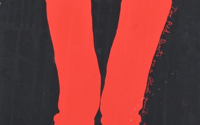JIM DINE, AMERICAN, OHIO, NEW YORK 1935-, TWO RED BOOTS ON A BLACK GROUND, 1965, Screenprint, 15 1/8 x 14 3/4 in. (38.4 x 37.5 cm.)