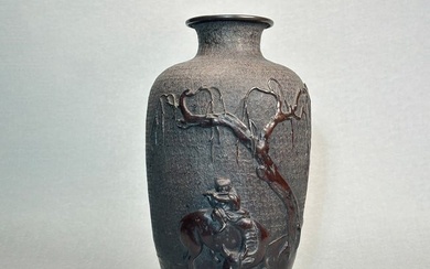 Japanese Bronze Vase with Boy Riding Ox, Meiji Period