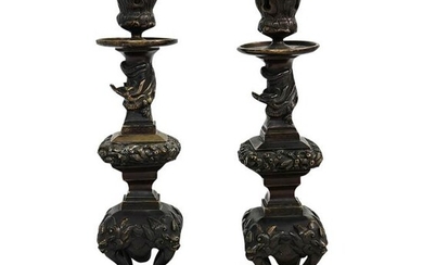 Japanese Meiji Cast Bronze Candlesticks