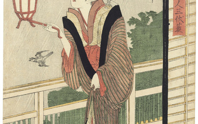 KIKUGAWA EIZAN (1787-1867), Woman with a portable lamp observing a bird flying in the rain