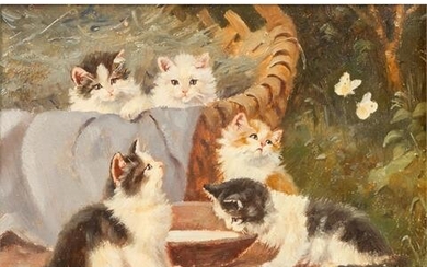 KÖGL, BENNO (1892-1973) "Fünf Kätzchen in und vor einem Körbchen beim Spielen im Garten"