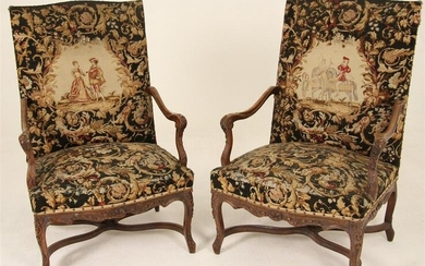LARGE PR. OF LOUIS XV STYLE CARVED WALNUT FAUTEUILS