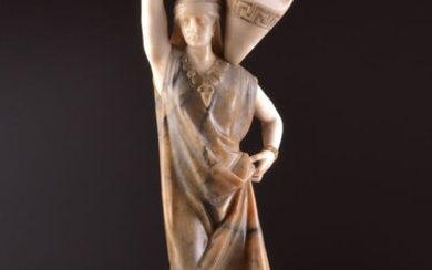Large (78 cm) two-colored alabaster statue of a woman with a water jug - signed