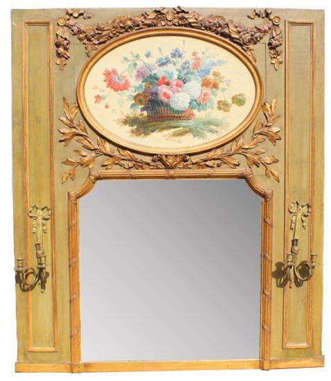 Large Antique French Trumeau Mirror w Oil Painting