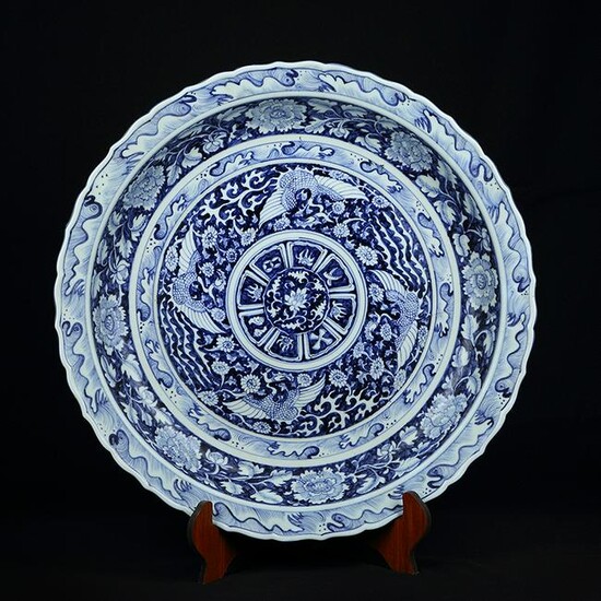 Large Chinese Blue And White Dragon Porcelain Plate