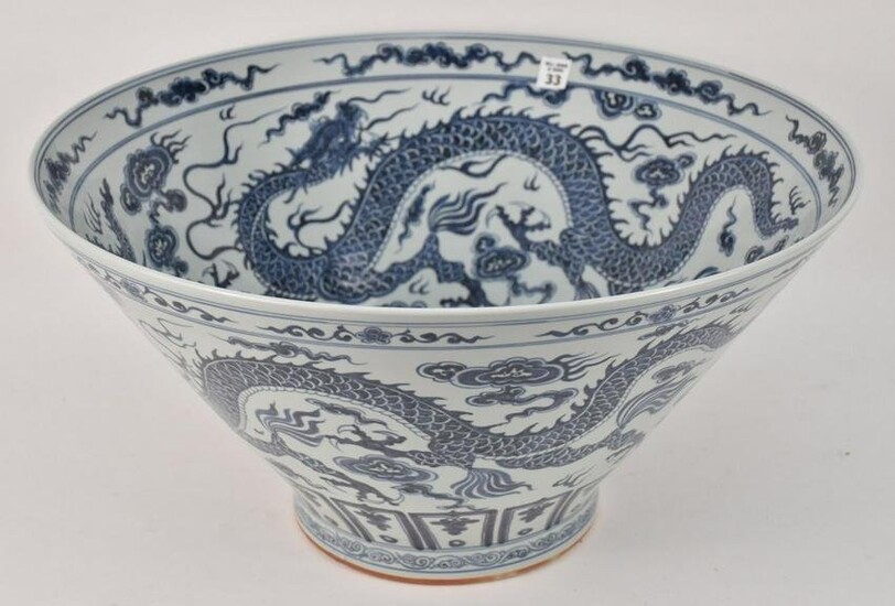 Large Chinese Blue & White Porcelain Dragon Bowl, Very