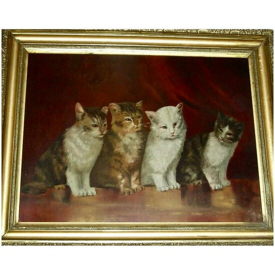 Late 19th C. Painting of 4 Cats, O/B