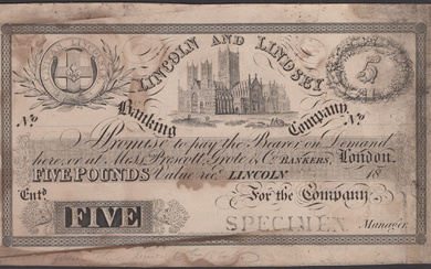 Lincoln and Lindsey Banking Company, Lincoln, proof £5 on card, 18-, no...