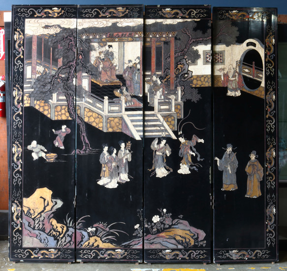 (Lot of 4) Chinese Black Lacquer Four-panel Screen