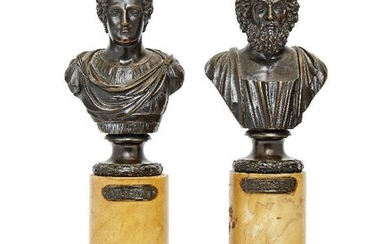 Lots 53-398 are the Property of a Gentleman from a Covent Garden Apartment A pair of French bronze busts of Homer and Virgil, c.1880, each with applied plaque HOMERE and VIRGILE respectively, on cylindrical siena marble plinths with square section...