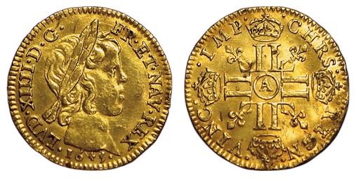 Louis XIV. Demi Louis d'or mèche courte 1645 A. Pa…