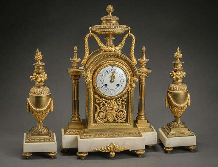 Louis XVI Style Ormolu and Marble Three-Piece Clock Garniture Circa 1900