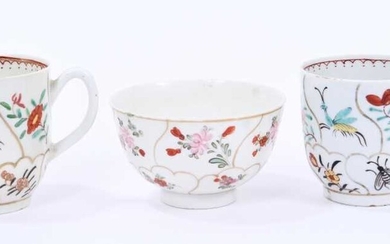 Lowestoft coffee cup and tea bowl, painted with various insects and flower sprigs within gilded compartments, and a Worcester coffee cup of the same pattern (3)