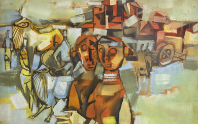 M. Sivanesan (India, 1940-2015) - Figures in Urban Landscape, Oil on Canvas.