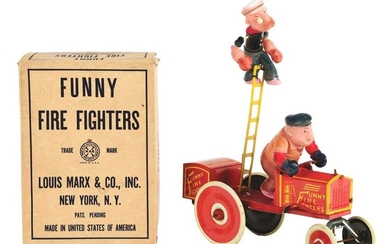 MARX POPEYE AND BRUTUS FUNNY FIREFIGHTERS WIND-UP TOY.