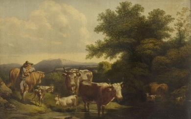 Manner of Paulus Potter, Dutch, mid 19th century- Cattle and goats watering; oil on canvas, bears signature 'Paul...' (lower left), 24.8 x 34.3 cm. Provenance: Private Collection, UK.