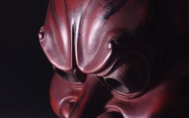 Mask - Lacquer, Papier-mache - Very fine red lacquered Nio guardian dance mask, signed with kao - Japan - Shōwa period (1926-1989)