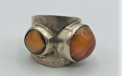 Men's Sterling Danish Silversmith Ring Two Amber Stones