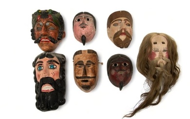 Mexican And Guatemalan Polychrome Carved Wood Festival Masks, 20th C., Juan Negro And Panole, Tecun