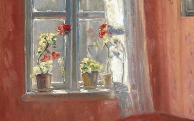 Michael Ancher: The red living room. Signed and dated M. A. 14. Oil on canvas. 54×42 cm.