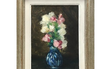 Mid Century French Impressionist Signed Oil Pretty Flowers in Blue Vase c. 1950's