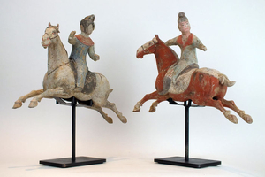 Mingqi - Terracotta - A Rare Pair of Painted Grey Pottery Female and Male Polo Players Astride a Galloping Horse, TL test - China - Tang Dynasty (618-907)