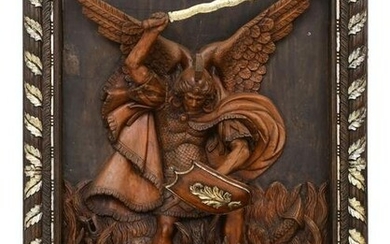 Monumental Wood Carving of Saint Michael Slaying a Dragon