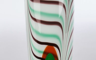 Moretti, Carlo, Murano, vase en verre, pièce unique, forme cylindrique, décor de peigne en vert...