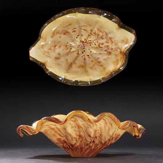 Murano Tan / Brown Art Glass Bowl Ruffled Edge