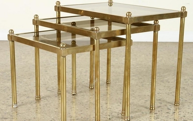 NEST OF 3 BRASS TABLES SMOKED GLASS TOP C.1970