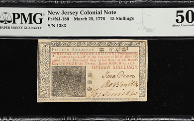 NJ-180. New Jersey. March 25, 1776. 15 Shillings. PMG About Uncirculated 50.