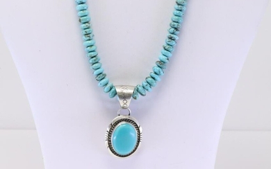 Native America Navajo Handmade Sterling Silver Kingman Turquoise Pendant & Necklace By Alfred