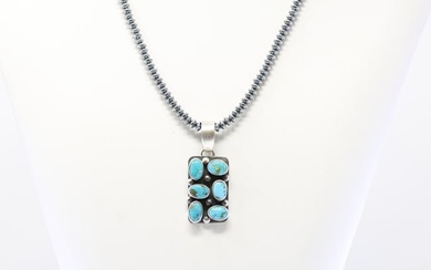 Native America Navajo Sterling Silver Kingman Turquoise Pendant By Betty Tom With Beaded Sterling