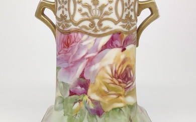 Nippon Square Floral Rose & Gold Vase