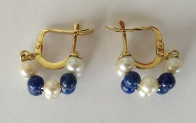 No Reserve Price - A Beautiful Pair of Unusual 18kt Gold Natural Freshwater Pearl and Lapis Lazuli Earrings. - Earrings - 18 kt. Yellow gold Pearl - Lapis lazuli