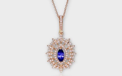 No Reserve Price - IGI 0.64 ct Natural Intense Blue Tanzanite with 0.69 ct Natural Pink Diamonds - Necklace - 14 kt. Rose gold Tanzanite