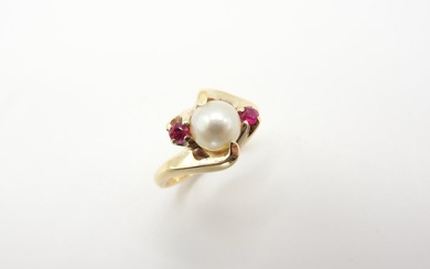 No Reserve Price - Ring - 10 kt. Yellow gold Pearl - Ruby
