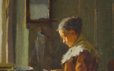 Northern European School, late-19th/early-20th century- Woman peeling apples at a table; oil on canvas laid down on board, signed indistinctly lower left, 34 x 24 cm