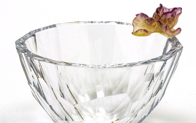 ORREFORS CRYSTAL BOWL WITH ORCHID H 8" DIA 11" - 12"