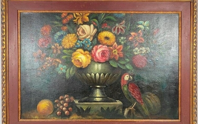 Still Life w/ Parrot Bird Oil on Canvas Unsigned