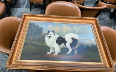 Oil on canvas gilt framed painting of a dog