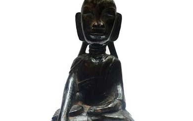 Old Buddha in black lacquered wood - Wood, Taking the earth to witness - Bhūmisparśa-mudrā - Laos - 19th century